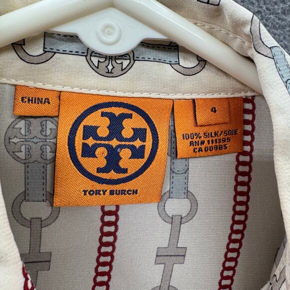 Tory Burch Logo Chain Silk 1/2 Button Down Long Sleeve Top Womens 4 Old Money - Picture 13 of 14